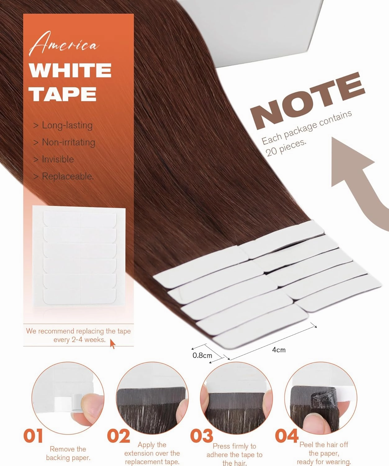 Sunny Hair Tape in Hair Extensions Real Human Hair Invisible Remy Hair Extensions Tape ins for Women Auburn Brown 22 inch 20Pcs 50G