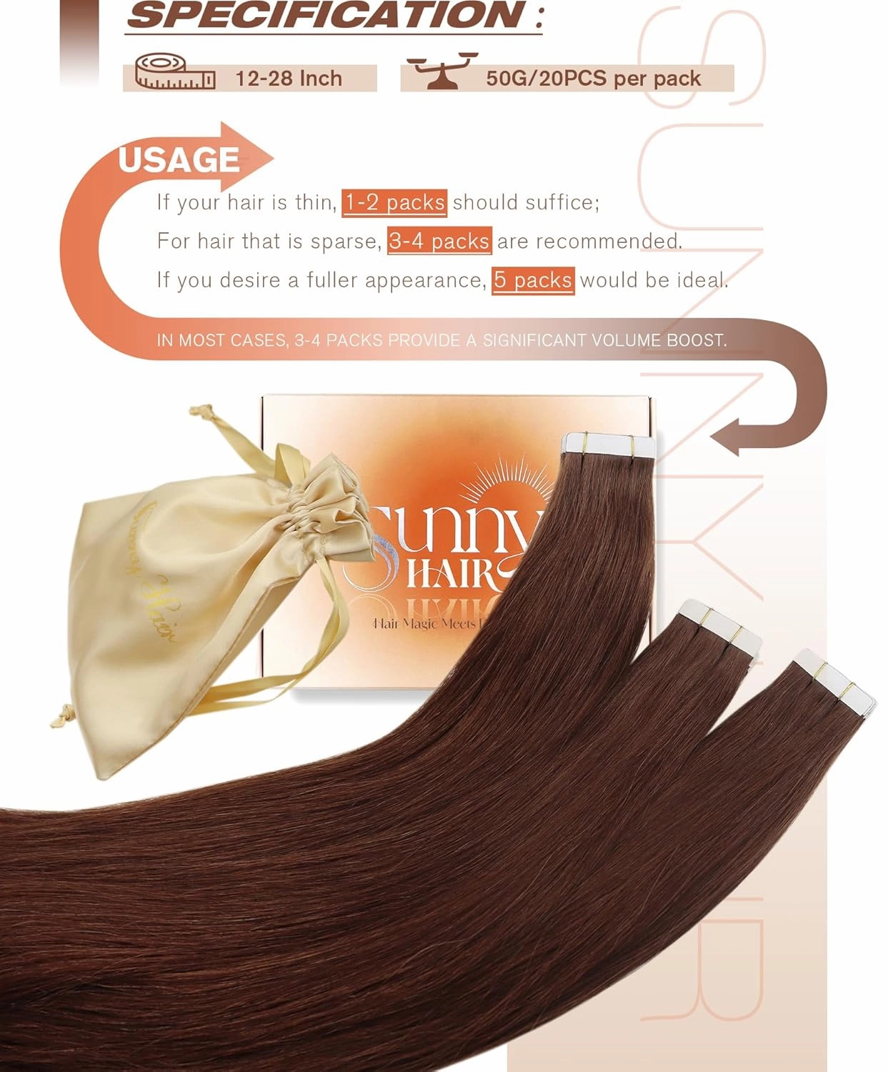 Sunny Hair Tape in Hair Extensions Real Human Hair Invisible Remy Hair Extensions Tape ins for Women Auburn Brown 22 inch 20Pcs 50G