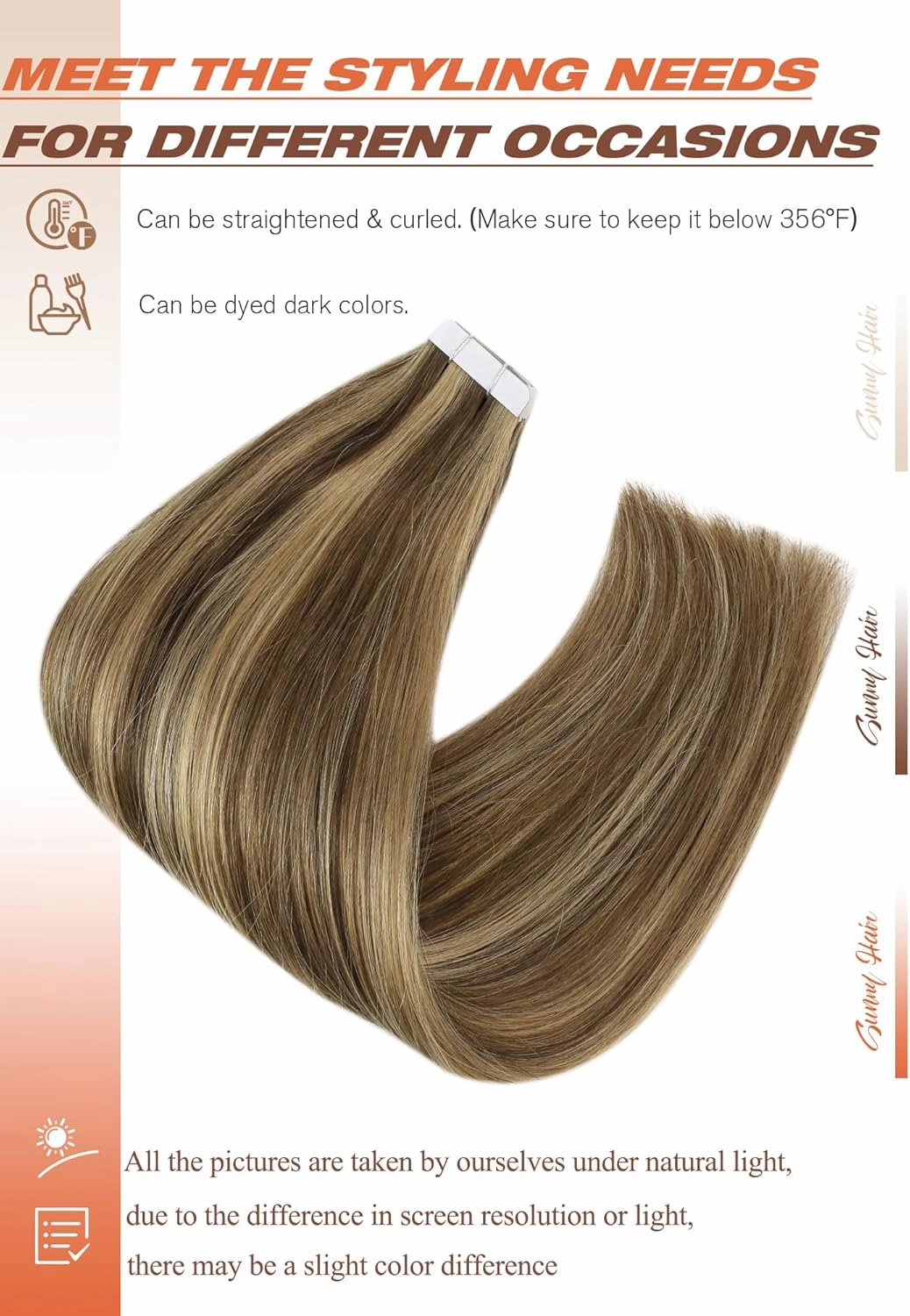 Sunny Hair Tape in Hair Extensions Real Human Hair Invisible Remy Hair Extensions Tape ins for Women Dark Brown Highlight Caramel Blonde 22 inch 20Pcs 50G