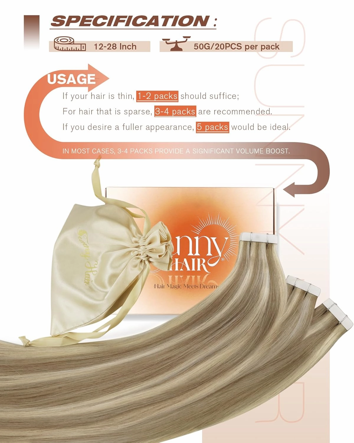 Sunny Hair Tape in Hair Extensions Real Human Hair Invisible Remy Hair Extensions Tape ins for Women Lightest Brown Highlight Platinum Blonde 22 inch 20Pcs 50G