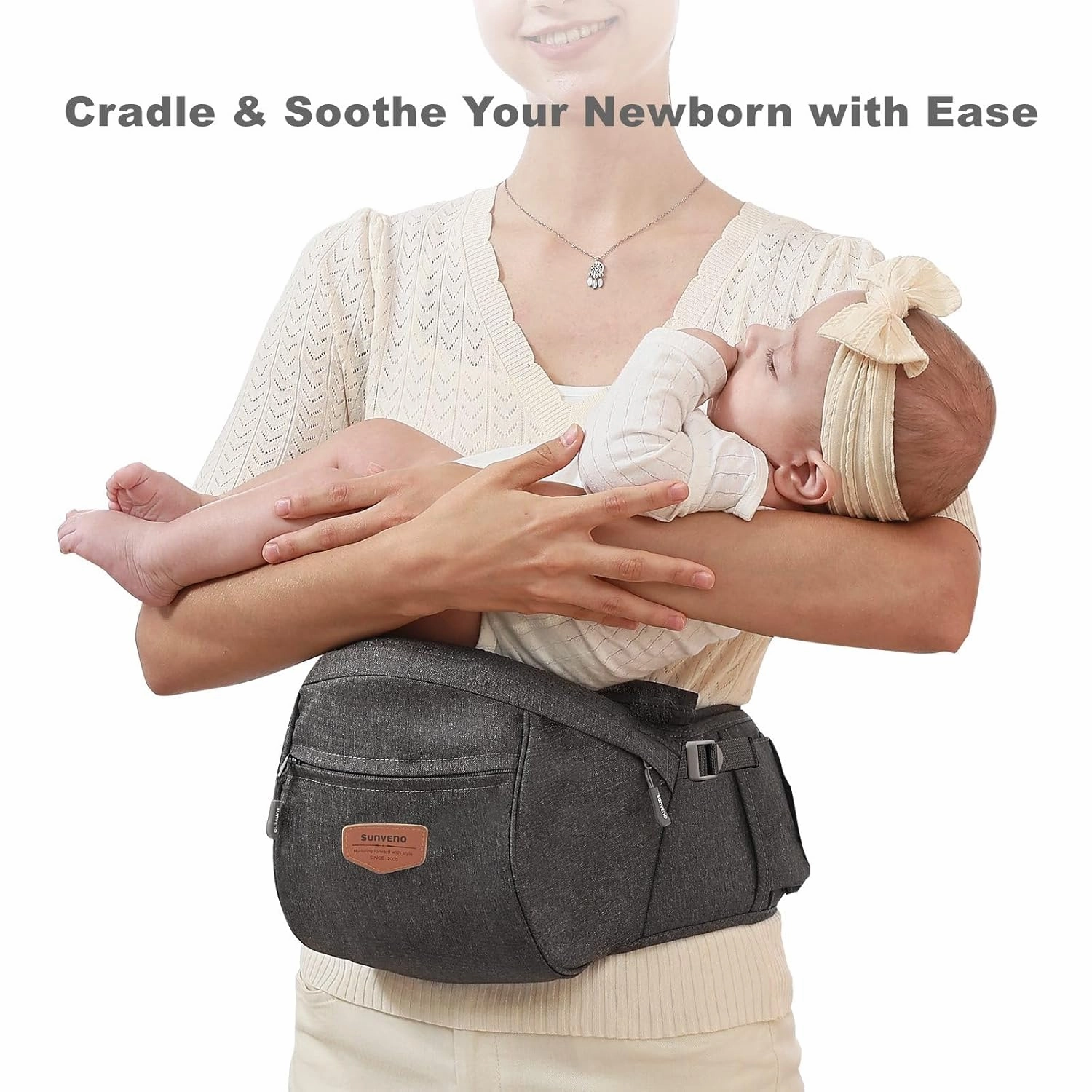 SUNVENO Baby Carrier with Hip Seat, CPC-Certified Baby Hip Seat for Newborns & Toddlers, Ergonomic Infant Carrier up to 45lbs, Adjustable Waistband & Various Pockets, All Seasons Carrier, Grey
