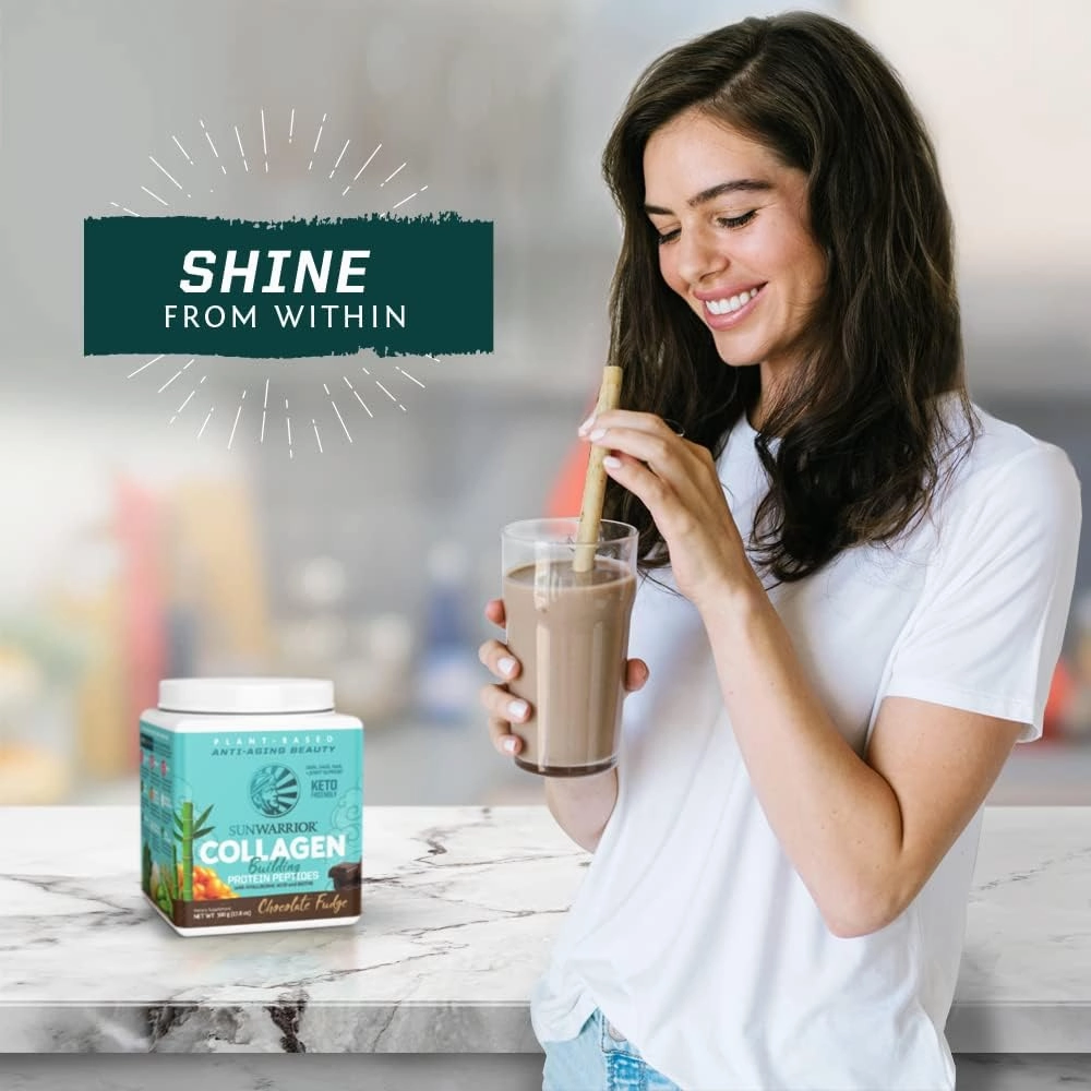 Sunwarrior Vegan Collagen Building Powder Protein Peptide with Biotin Vitamin C Hyaluronic Acid for Hair Skin Nail Dairy Free Gluten Free | Chocolate