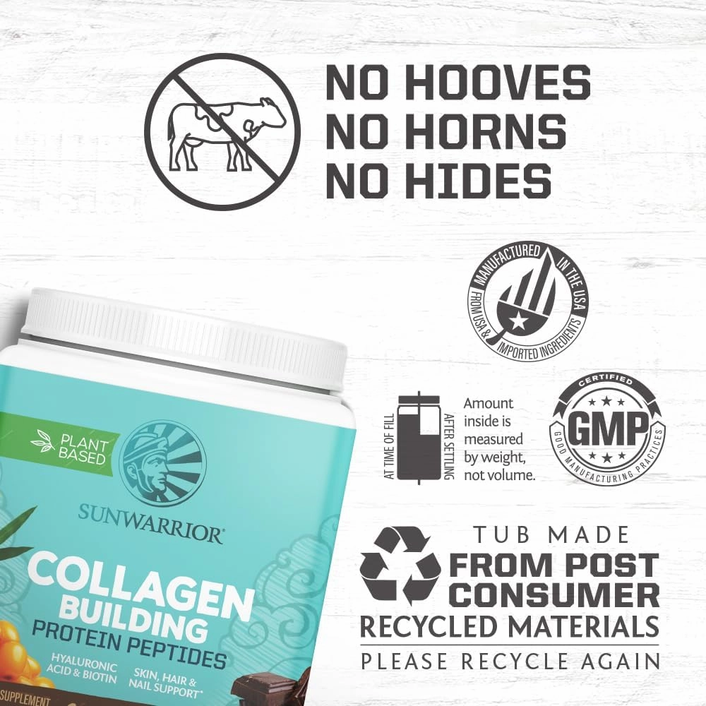 Sunwarrior Vegan Collagen Building Powder Protein Peptide with Biotin Vitamin C Hyaluronic Acid for Hair Skin Nail Dairy Free Gluten Free | Chocolate