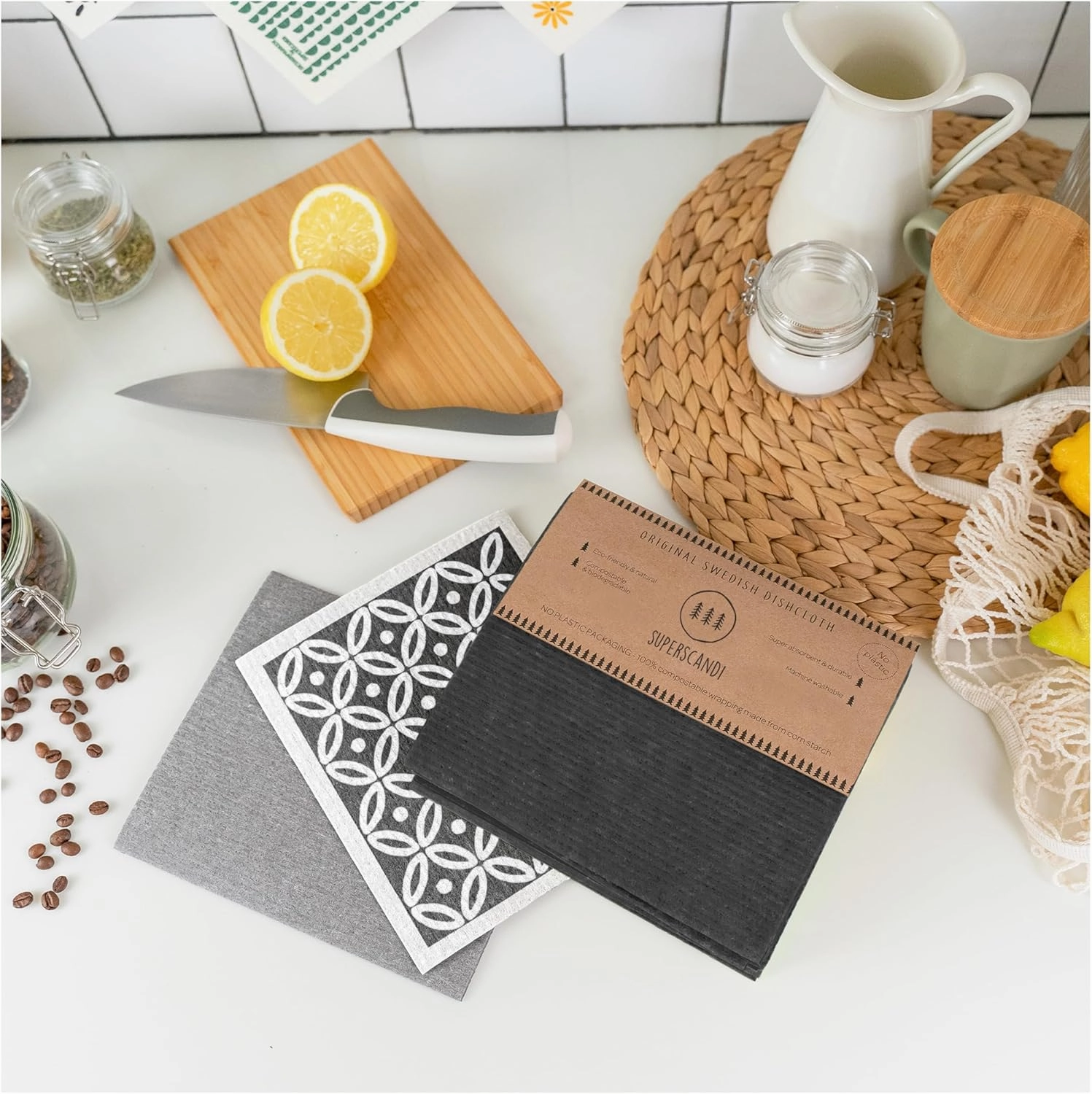 SUPERSCANDI 6 Pack Swedish Dishcloths for Kitchen - 100% Biodegradable & Compostable Reusable Paper Towels Washable, Food-Safe & Without Plastic - Dish Rags Suitable for Any Surface, Black
