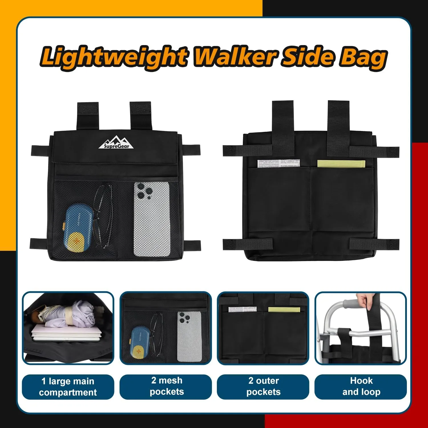 supregear Walker Side Bag, Water Resistant Accessory Basket Pouch for Folding Walkers, Lightweight Hand Free Storage Carrier Tote, Universal Size Seniors Caddy Attachment, Black