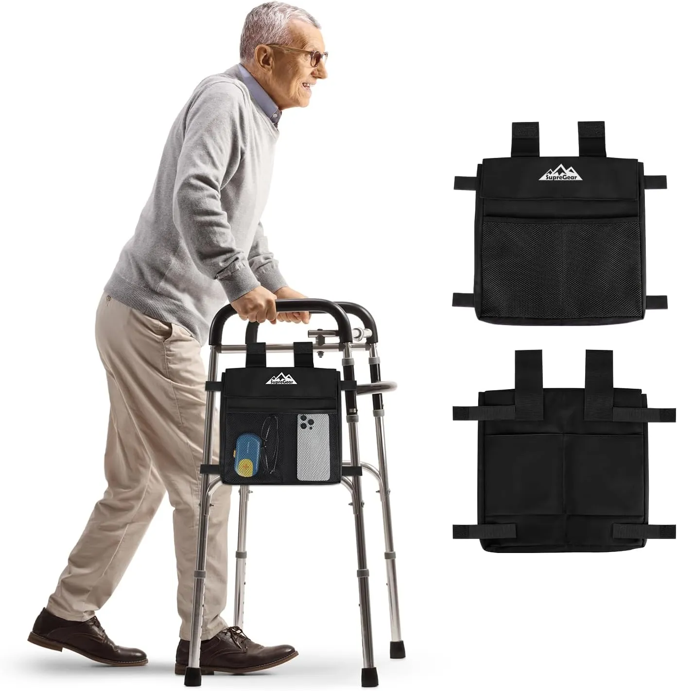 supregear Walker Side Bag, Water Resistant Accessory Basket Pouch for Folding Walkers, Lightweight Hand Free Storage Carrier Tote, Universal Size Seniors Caddy Attachment, Black