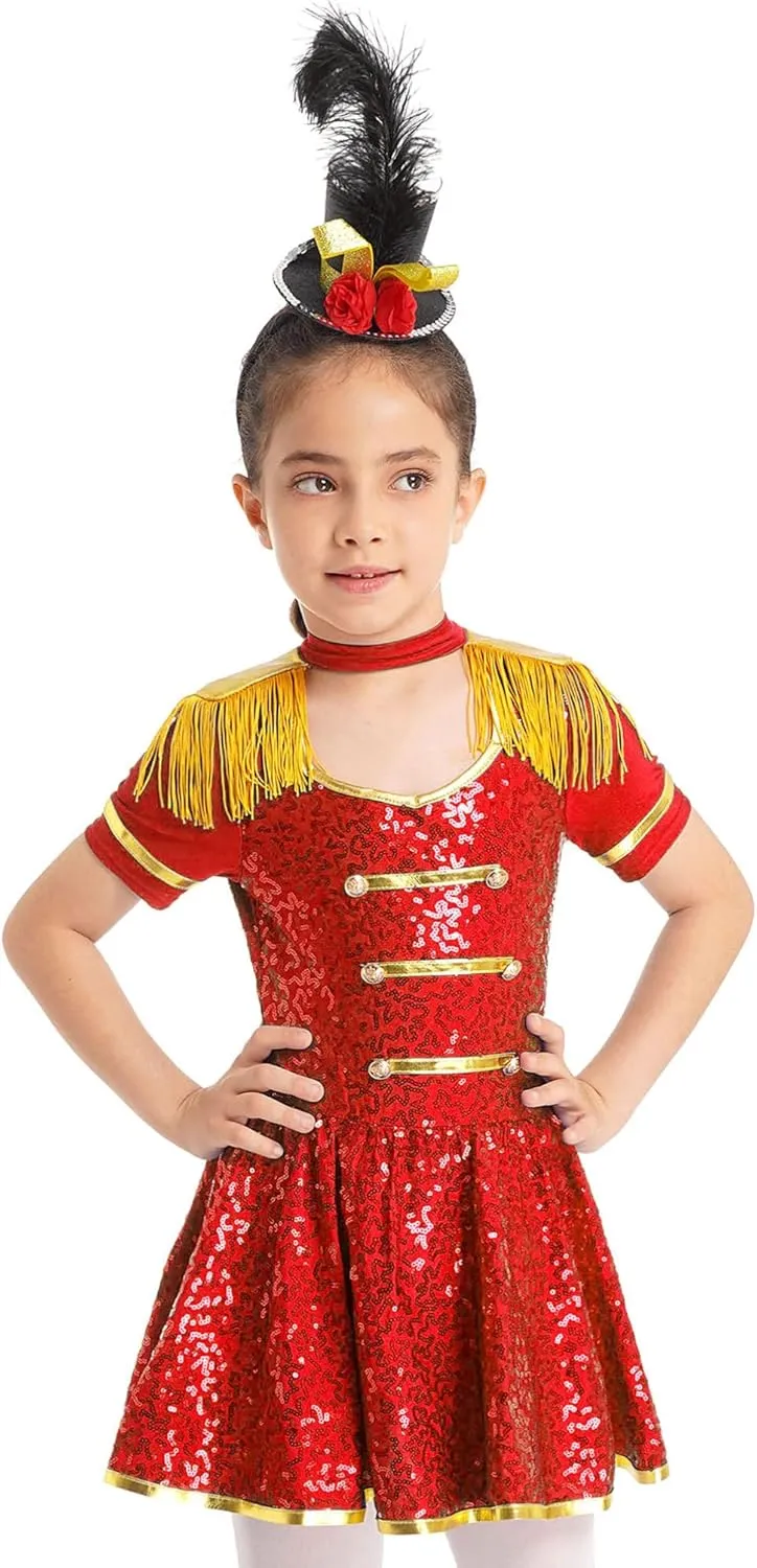Sywiyi Girls Majorette Costume Shiny Sequins Marching Band Uniform Leotard Dress for Party Performance