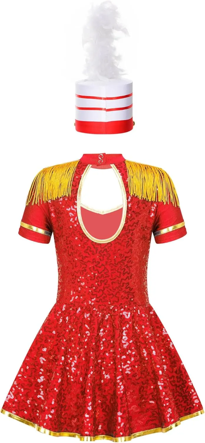 Sywiyi Girls Majorette Costume Shiny Sequins Marching Band Uniform Leotard Dress for Party Performance