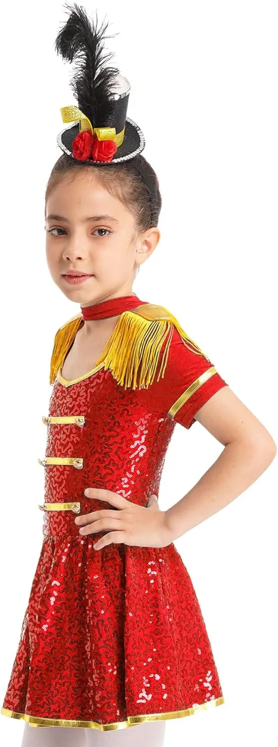 Sywiyi Girls Majorette Costume Shiny Sequins Marching Band Uniform Leotard Dress for Party Performance