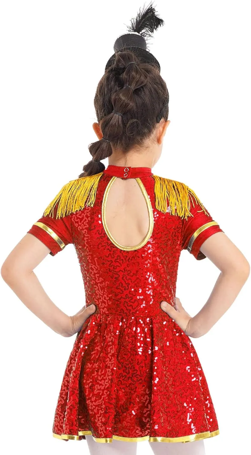 Sywiyi Girls Majorette Costume Shiny Sequins Marching Band Uniform Leotard Dress for Party Performance