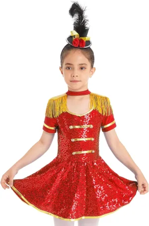 Sywiyi Girls Majorette Costume Shiny Sequins Marching Band Uniform Leotard Dress for Party Performance