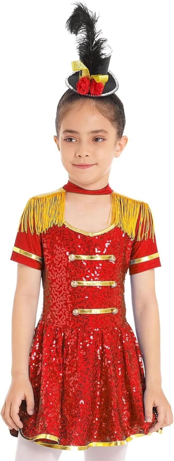 Sywiyi Girls Majorette Costume Shiny Sequins Marching Band Uniform Leotard Dress for Party Performance