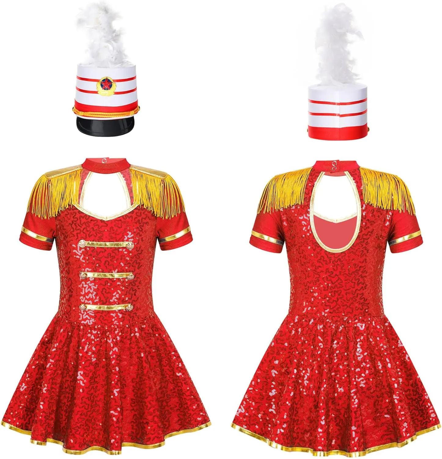 Sywiyi Girls Majorette Costume Shiny Sequins Marching Band Uniform Leotard Dress for Party Performance