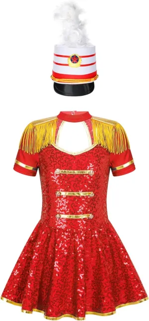 Sywiyi Girls Majorette Costume Shiny Sequins Marching Band Uniform Leotard Dress for Party Performance