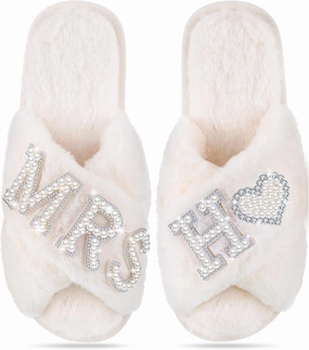 Tarpop Bride Slippers Mrs Slipper for Wedding with Personalized Initial Pearl Design Bridal Gifts