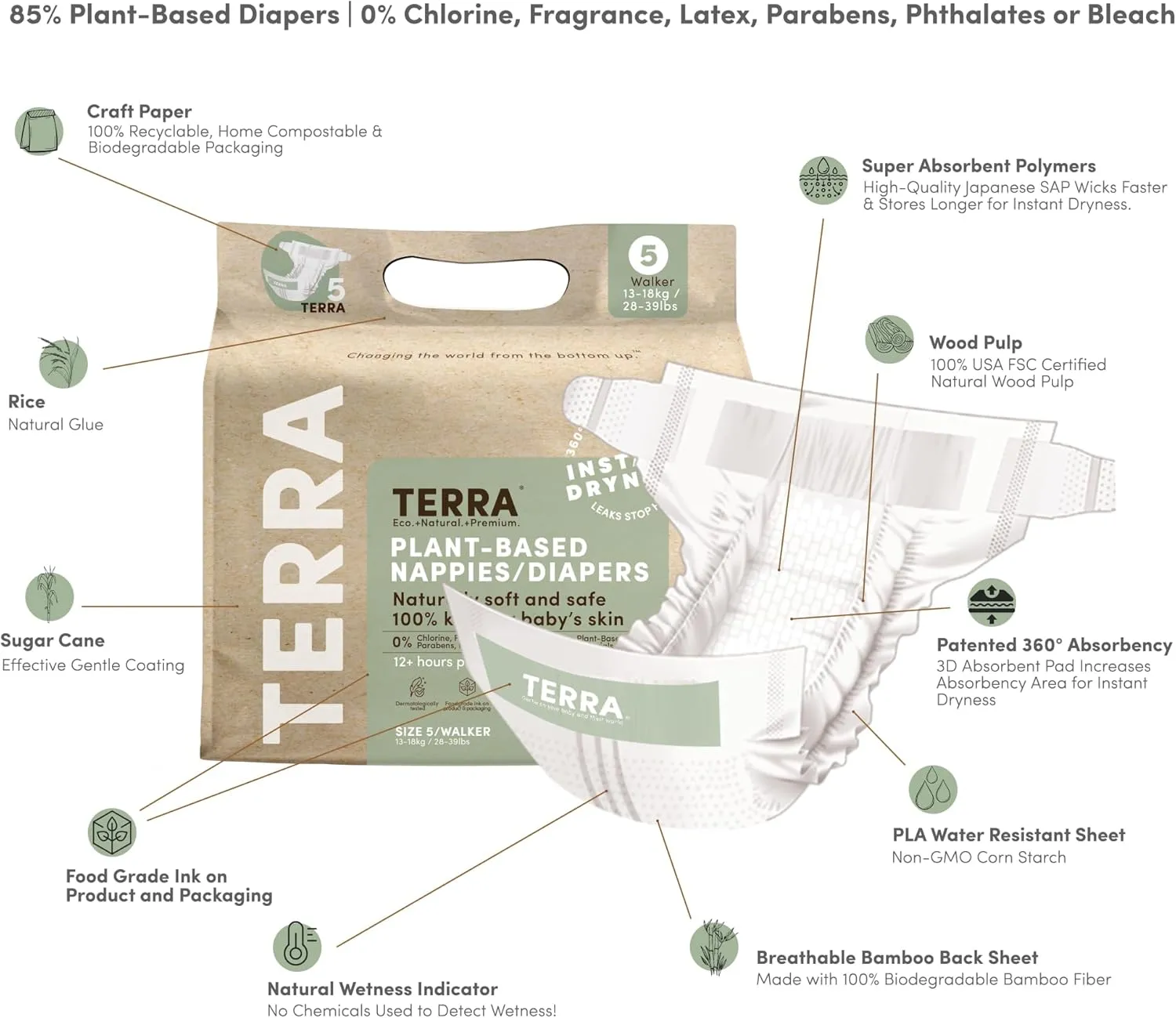 Terra Size 5 Diapers: 85% Plant-Based Diapers, Ultra-Soft & Chemical-Free for Sensitive Skin, Superior Absorbency for Day or Nighttime Diapers, Designed for Toddlers 28-39 Pounds, 16 Count