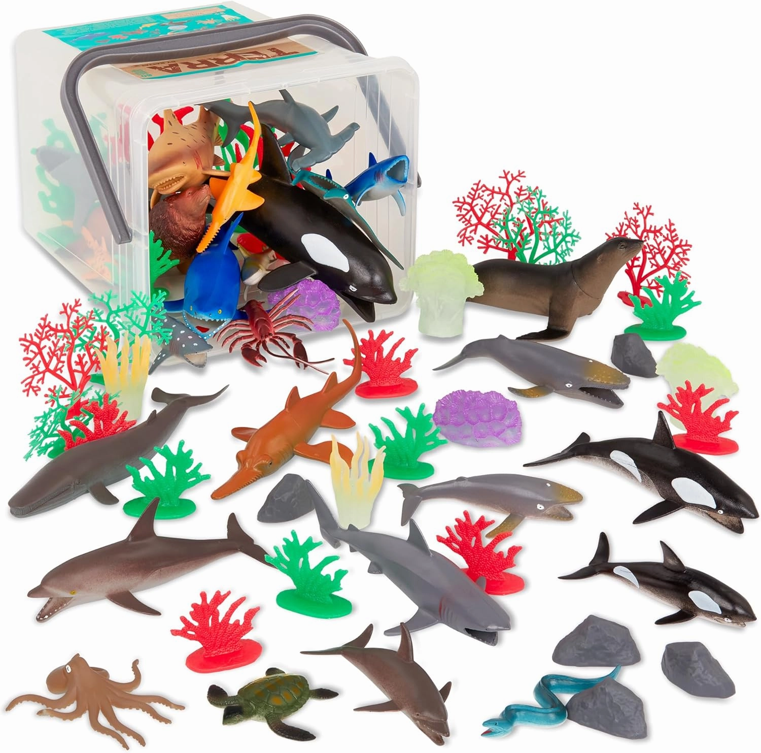 Terra by Battat – 60 Pcs Marine World – Realistic Ocean Animals Toys – Plastic Sea Animal Figurines & Accessories – Shark, Whale, Dolphin & More for Kids and Toddlers 3 
