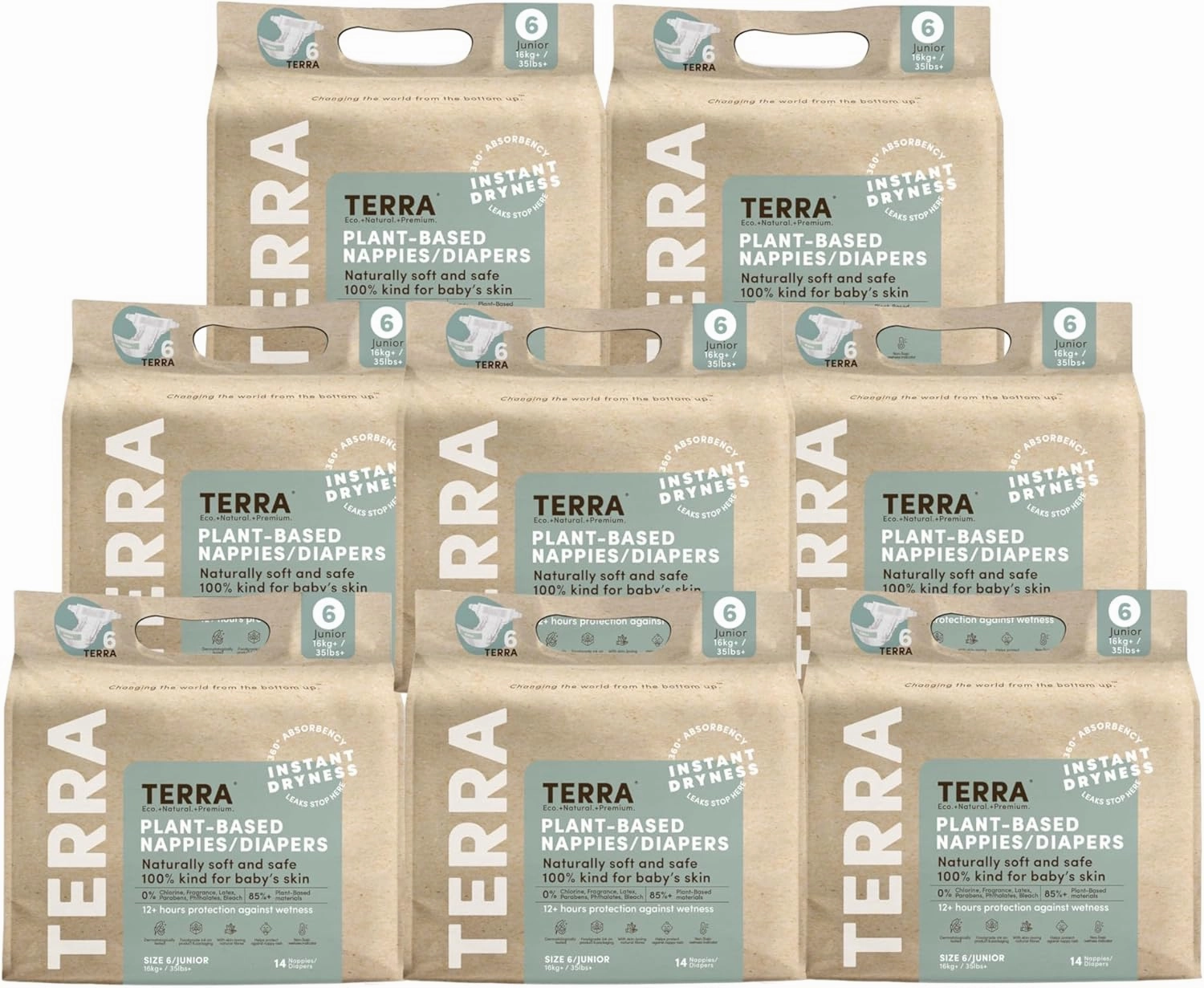 Terra Size 6 Diapers: 85% Plant-Based Diapers, Ultra-Soft & Chemical-Free for Sensitive Skin, Superior Absorbency for Day or Nighttime Diapers, Designed for Toddlers 35  Pounds, 112 Count