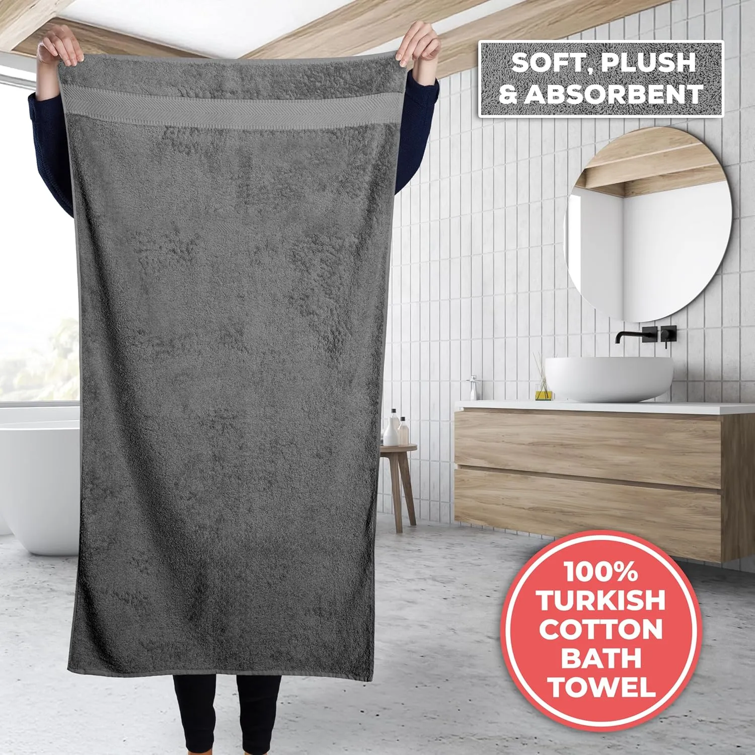 TEXTILOM 100% Turkish Cotton 2 Pcs Bath Towel Set, Luxury Bath Towels for Bathroom, Soft & Absorbent Hotel Quality Bathroom Towels Set (27 x 54 inches)- Dark Grey