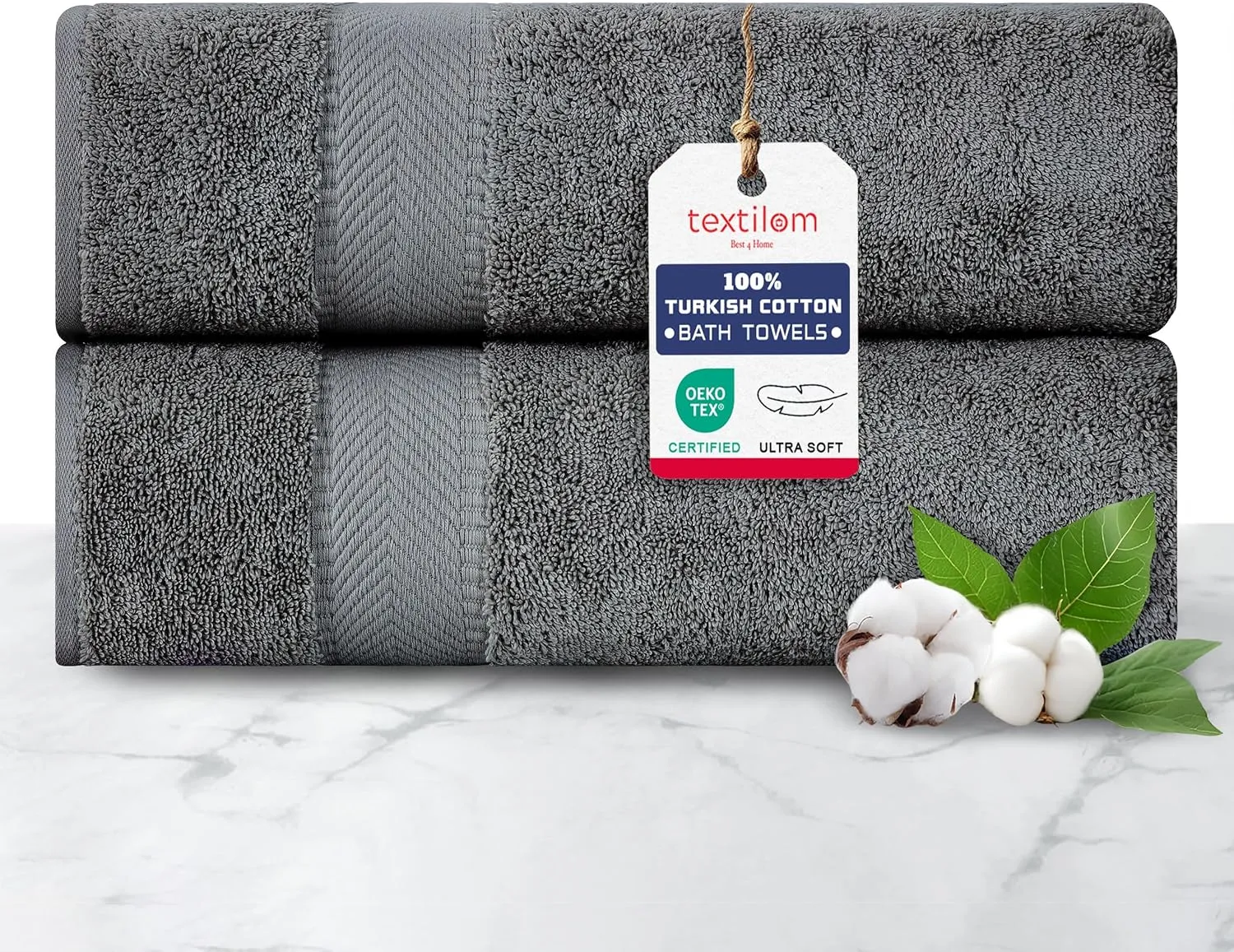 TEXTILOM 100% Turkish Cotton 2 Pcs Bath Towel Set, Luxury Bath Towels for Bathroom, Soft & Absorbent Hotel Quality Bathroom Towels Set (27 x 54 inches)- Dark Grey
