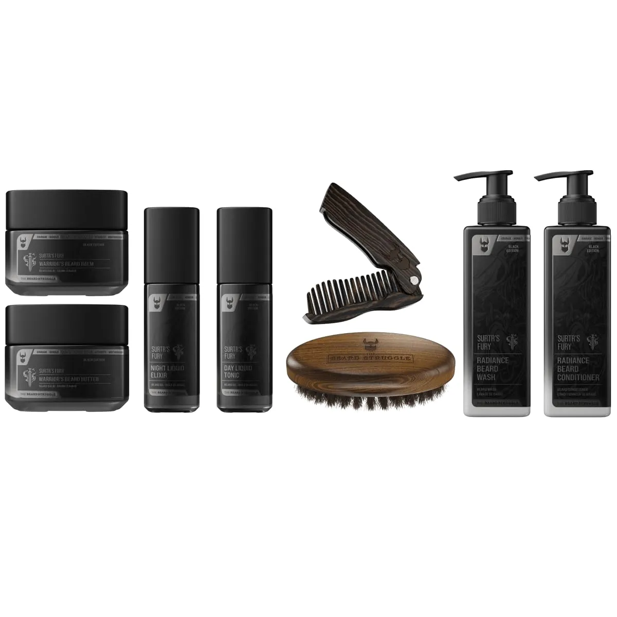 The Beard Struggle Ultimate Beard Growth Kit for Men Balm, Butter, Brush, Comb, Oil, Wash, & Conditioner for Moisturizing Beard - Surtr's Fury, Black Collection