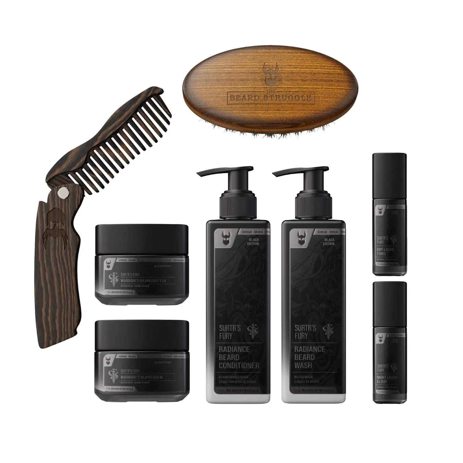 The Beard Struggle Ultimate Beard Growth Kit for Men Balm, Butter, Brush, Comb, Oil, Wash, & Conditioner for Moisturizing Beard - Surtr's Fury, Black Collection