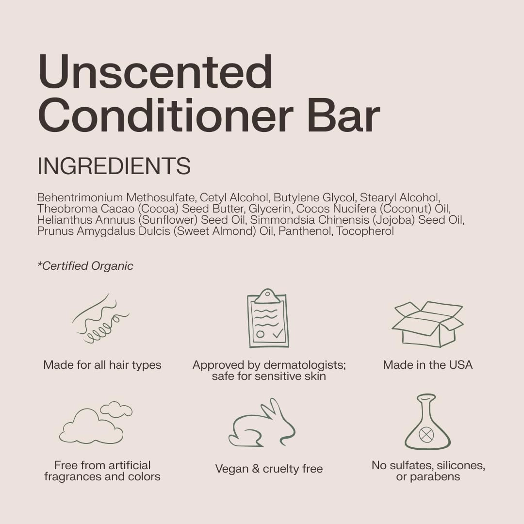 The Earthling Co. Conditioner Bar - Promote Hair Growth, Strengthen & Moisturize All Hair Types - Paraben & Sulfate Free Formula with Natural Ingredients for Dry Hair (Fragrance Free, 1.8 oz)