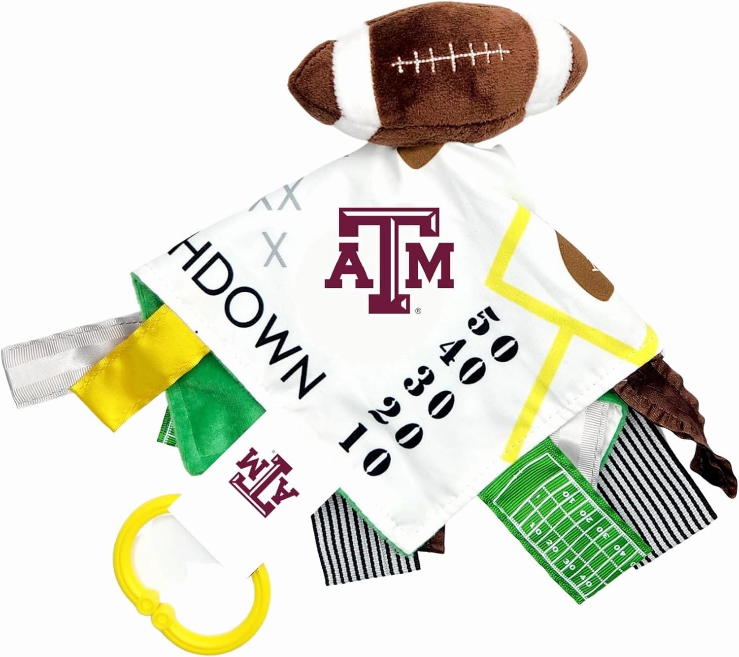 The Learning Lovey Texas A&M University Baby Football Tag Toy - College Baby Sensory Crinkle Toys - Soft & Safe - Ideal Baby Stroller Toy - BPA Free w/Stroller Clip (10" x 10" Tag Toy)…