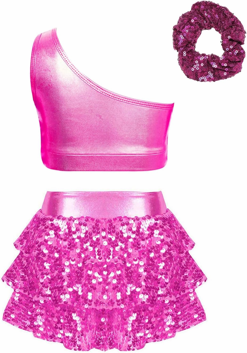 TiaoBug Kids Girls Latin Jazz Ballet Salsa Samba Rumba Dance Costume Sleeveless Sequin Crop Top with Skirt Scrunchies