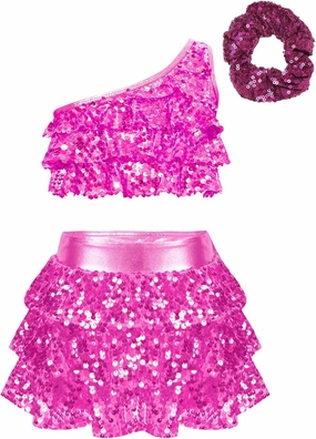 TiaoBug Kids Girls Latin Jazz Ballet Salsa Samba Rumba Dance Costume Sleeveless Sequin Crop Top with Skirt Scrunchies