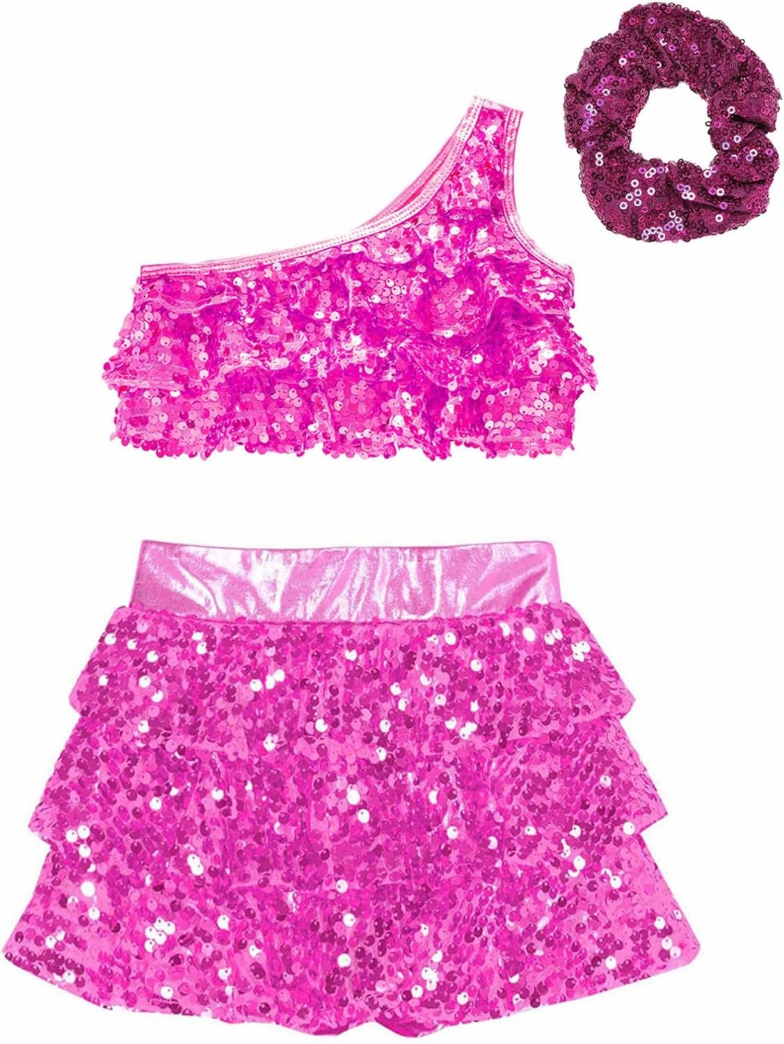 TiaoBug Kids Girls Latin Jazz Ballet Salsa Samba Rumba Dance Costume Sleeveless Sequin Crop Top with Skirt Scrunchies
