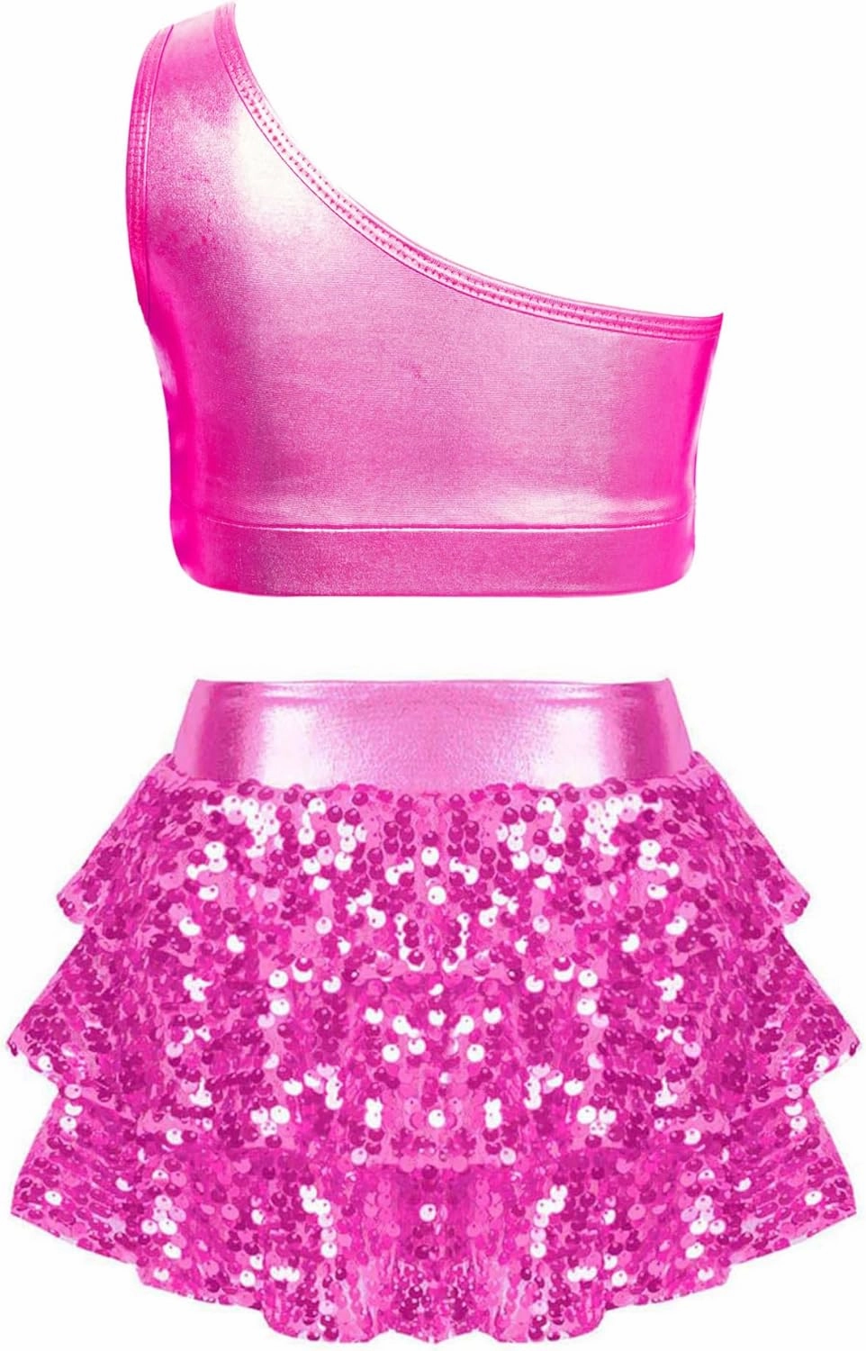 TiaoBug Kids Girls Latin Jazz Ballet Salsa Samba Rumba Dance Costume Sleeveless Sequin Crop Top with Skirt Scrunchies
