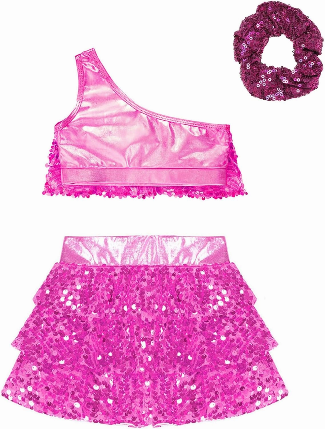 TiaoBug Kids Girls Latin Jazz Ballet Salsa Samba Rumba Dance Costume Sleeveless Sequin Crop Top with Skirt Scrunchies