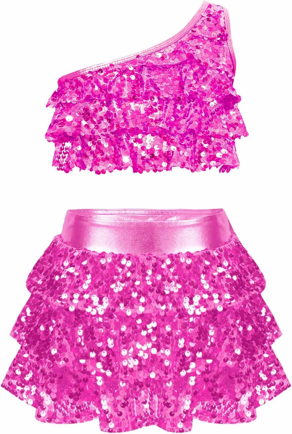 TiaoBug Kids Girls Latin Jazz Ballet Salsa Samba Rumba Dance Costume Sleeveless Sequin Crop Top with Skirt Scrunchies