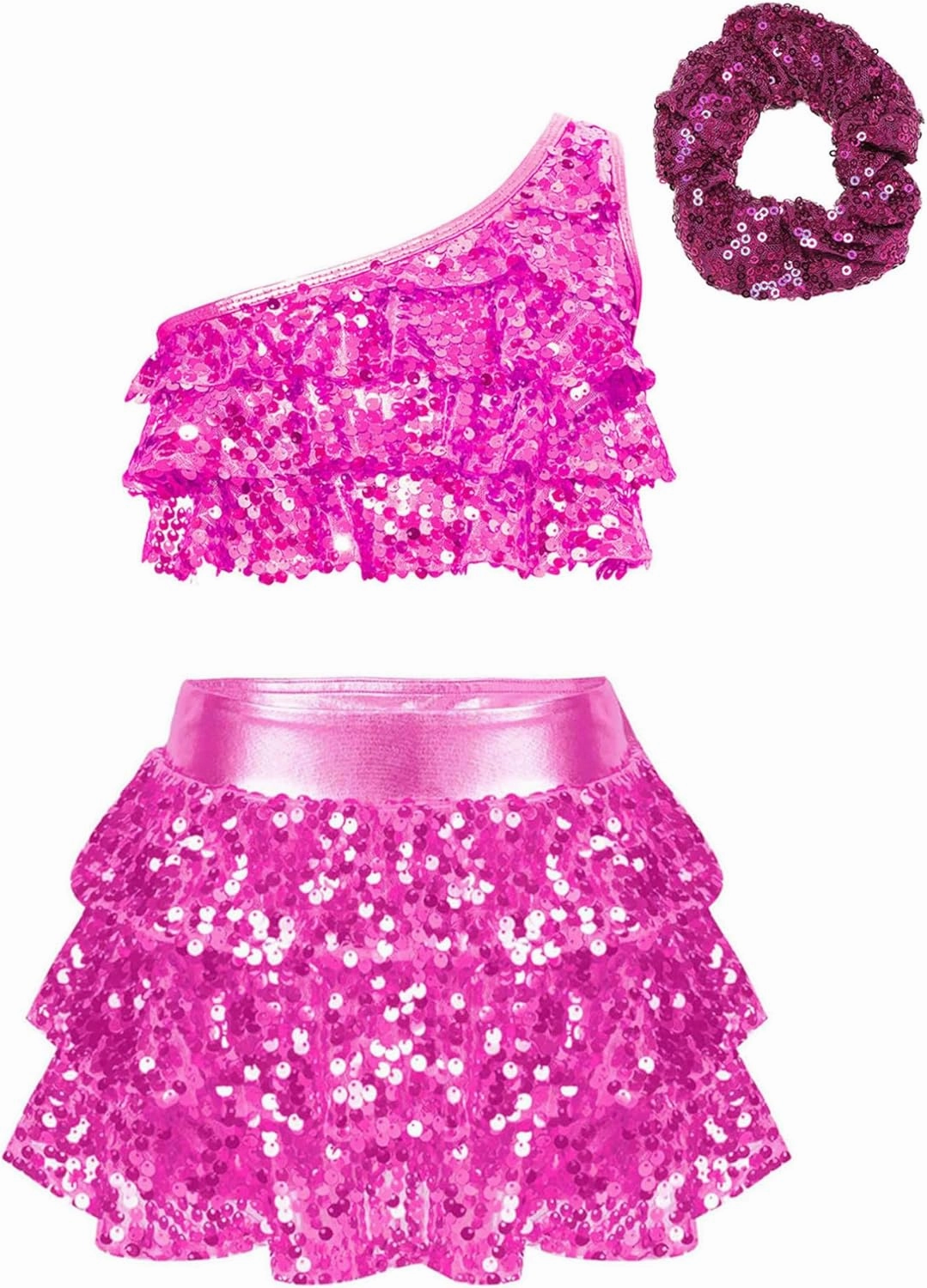 TiaoBug Kids Girls Latin Jazz Ballet Salsa Samba Rumba Dance Costume Sleeveless Sequin Crop Top with Skirt Scrunchies