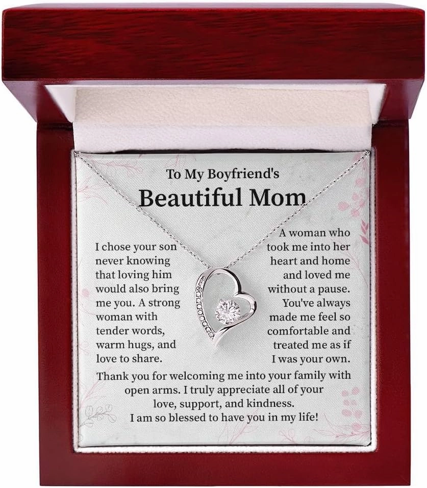 To My Boyfriends's Beautiful Mom - I Chose Your Son - Forever Love Necklace for My Boyfriend's Mom, Birthday Jewelry Gift, Heartfelt Thanks to My Bf's Mom, Unique Mother's Day Gifts for Women, With Message Card Box and Elegant Gift Box