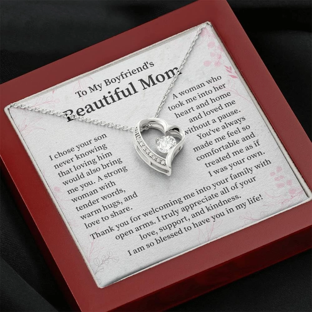To My Boyfriends's Beautiful Mom - I Chose Your Son - Forever Love Necklace for My Boyfriend's Mom, Birthday Jewelry Gift, Heartfelt Thanks to My Bf's Mom, Unique Mother's Day Gifts for Women, With Message Card Box and Elegant Gift Box