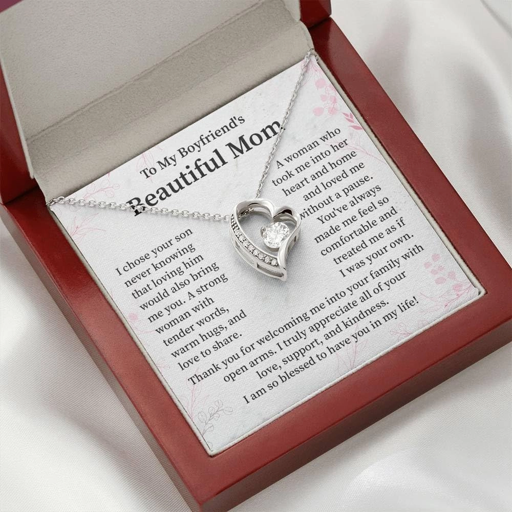 To My Boyfriends's Beautiful Mom - I Chose Your Son - Forever Love Necklace for My Boyfriend's Mom, Birthday Jewelry Gift, Heartfelt Thanks to My Bf's Mom, Unique Mother's Day Gifts for Women, With Message Card Box and Elegant Gift Box