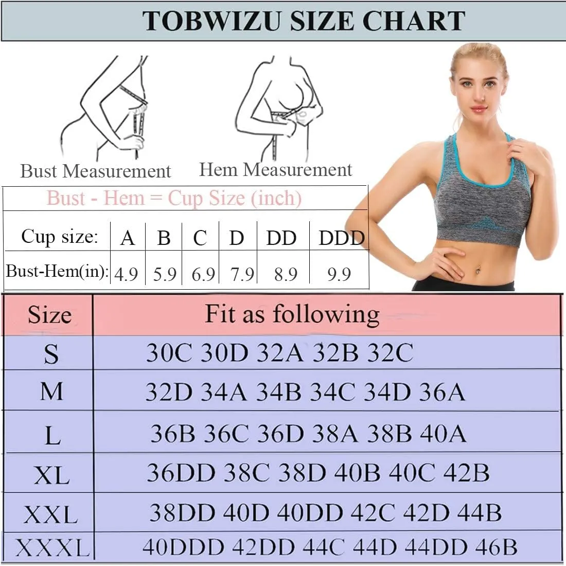 TOBWIZU Sports Bras for Women, Medium Support Yoga Gym Activewear Bras with Pocket