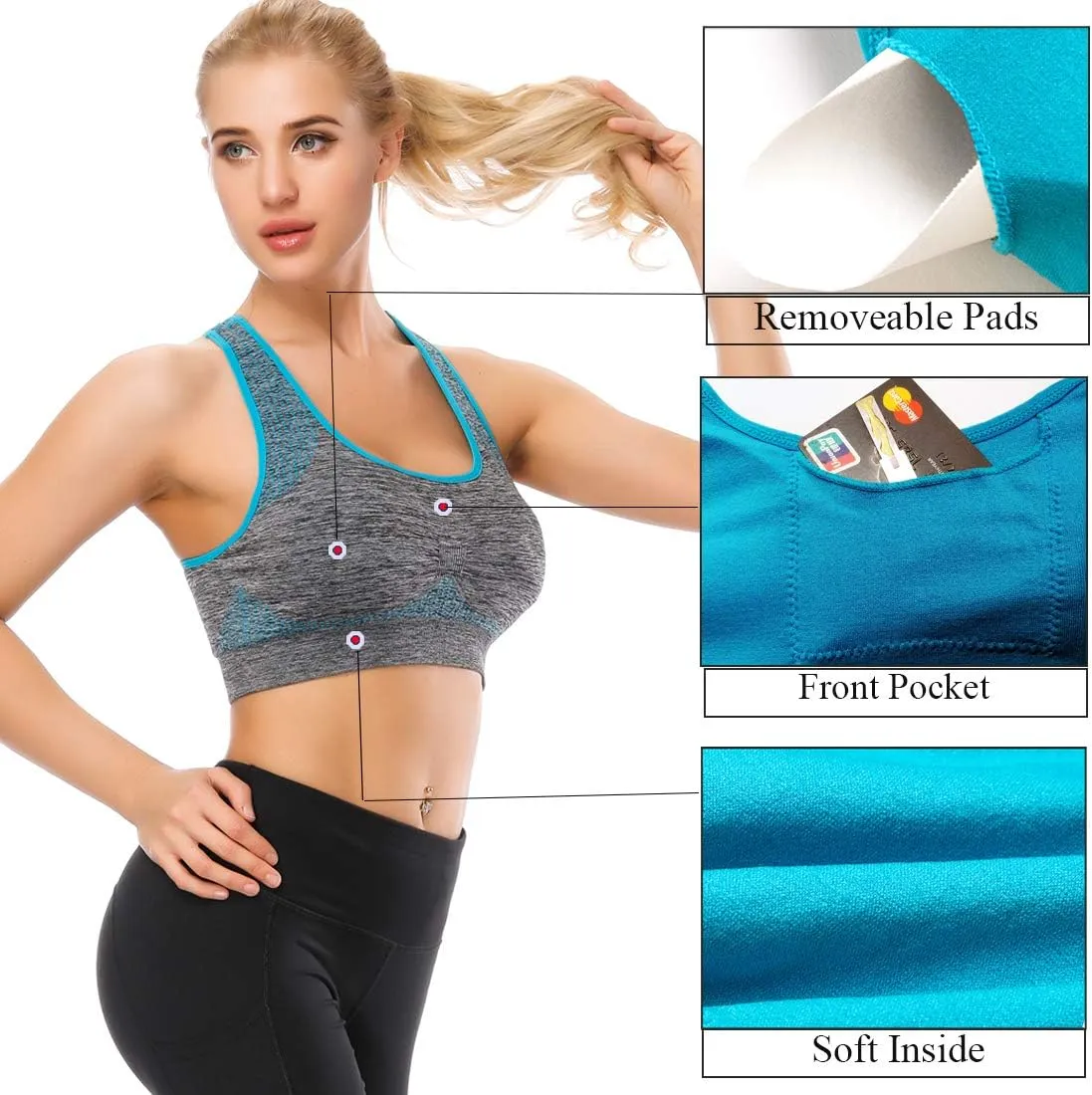TOBWIZU Sports Bras for Women, Medium Support Yoga Gym Activewear Bras with Pocket