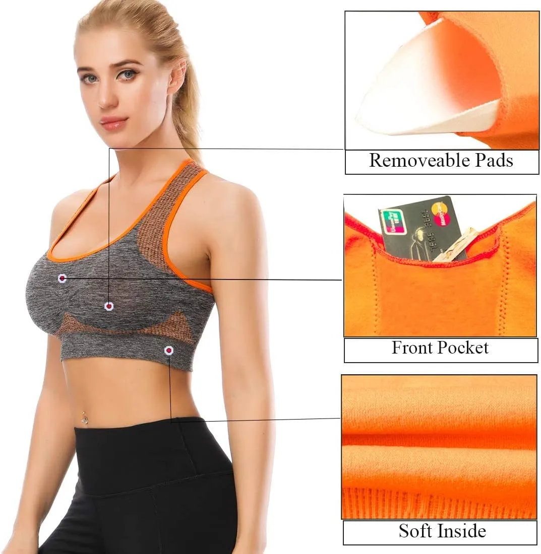 TOBWIZU Sports Bras for Women, Medium Support Yoga Gym Activewear Bras with Pocket