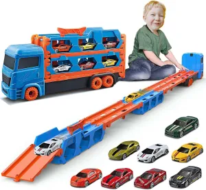 Toddler Transport Truck Toy for 2 3 4 5 6 Years Old Boys, 64-Inch Foldable Car Race Track for Boys Kids, 9 in 1 Die-Cast Car Carrier Truck Toy for Boys and Girls Gift