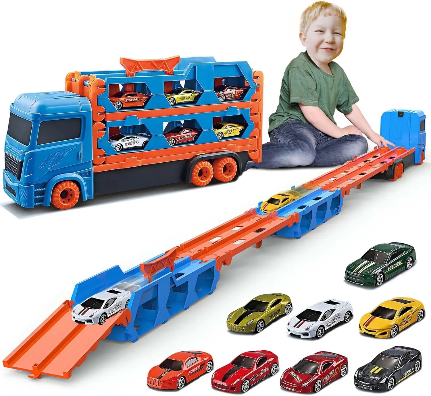 Toddler Transport Truck Toy for 2 3 4 5 6 Years Old Boys, 64-Inch Foldable Car Race Track for Boys Kids, 9 in 1 Die-Cast Car Carrier Truck Toy for Boys and Girls Gift