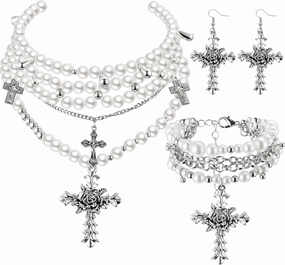 Tondiamo 3 Pcs Pearl Cross Necklace Gothic Jewelry Set for Women Goth Earrings Bracelet Layered Y2k Choker Costume Accessories (Classic Pearl)
