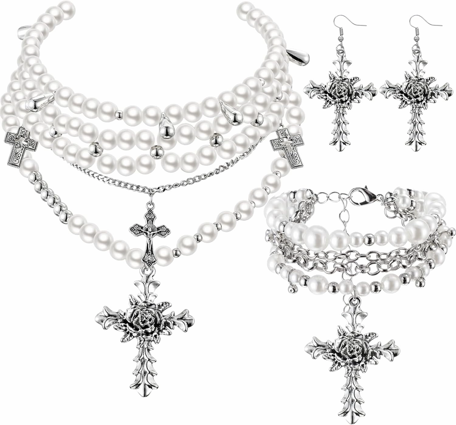 Tondiamo 3 Pcs Pearl Cross Necklace Gothic Jewelry Set for Women Goth Earrings Bracelet Layered Y2k Choker Costume Accessories (Classic Pearl)
