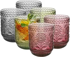 Topsky Vintage Drinking Glass Set of 6,12 oz Embossed Floral Decorative Glassware Set,Glass Cups Wine Glasses Beverages Tumblers Colored Glassware for Whisky,Beer,Juice,Cocktail,Heavy Duty