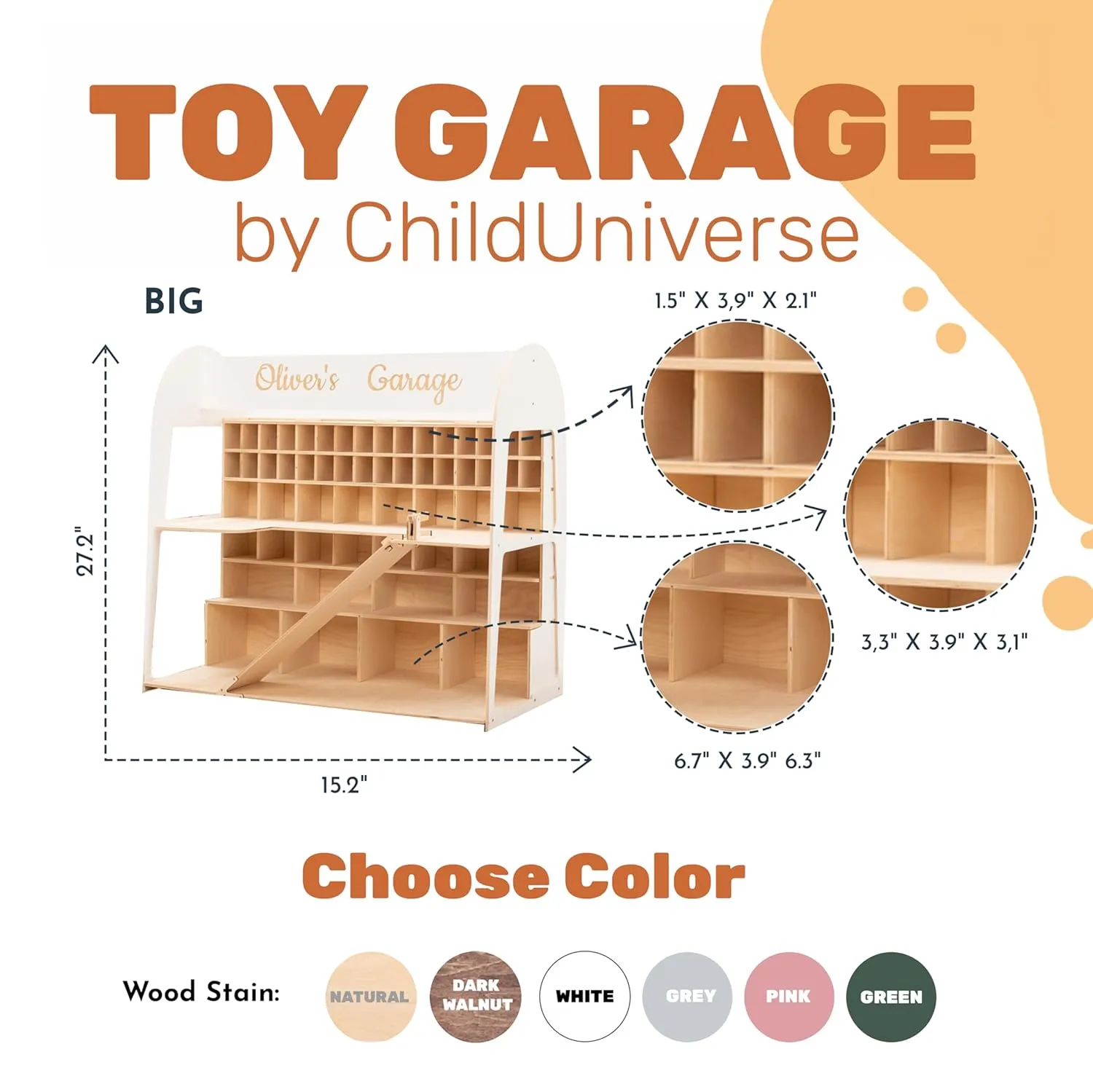 Toy Parking Garage with Elevator Wooden Toy Car Storage Hot Wheels Car Compatible Gift for Toddlers 1-4 Years Old Organizer Case Shelf for Mini Toy Cars (Big, Natural)
