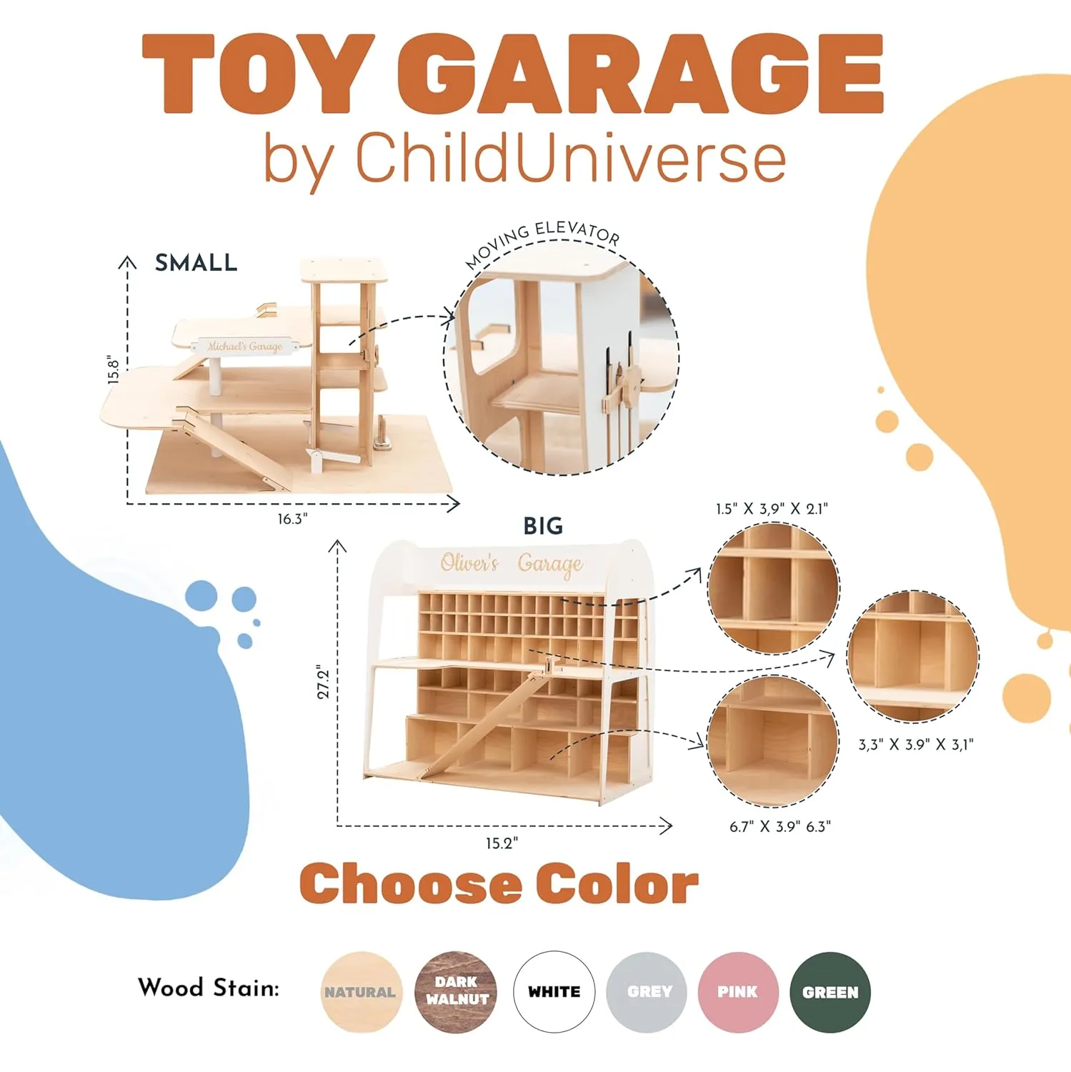 Toy Parking Garage with Elevator Wooden Toy Car Storage Hot Wheels Car Compatible Gift for Toddlers 1-4 Years Old Organizer Case Shelf for Mini Toy Cars (Big, Natural)