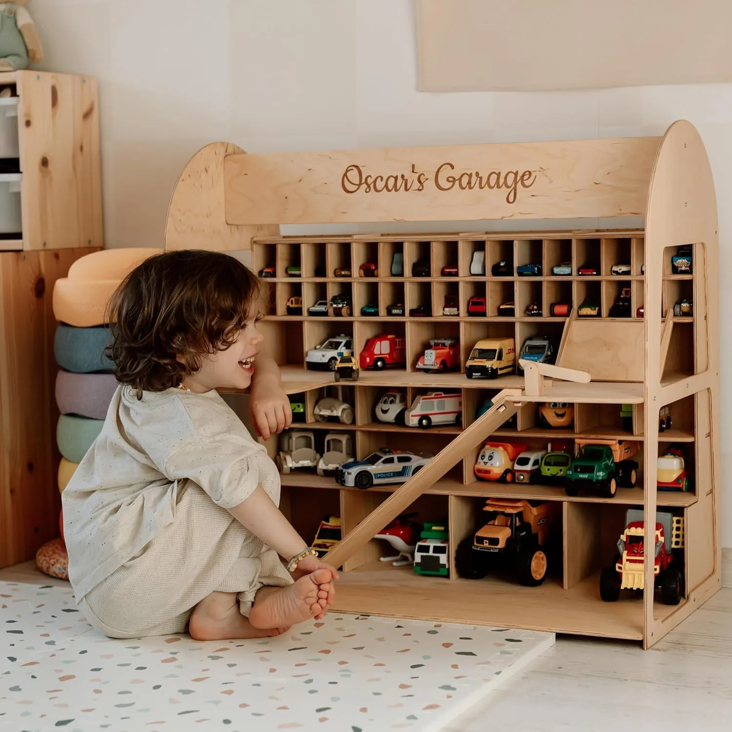 Toy Parking Garage with Elevator Wooden Toy Car Storage Hot Wheels Car Compatible Gift for Toddlers 1-4 Years Old Organizer Case Shelf for Mini Toy Cars (Big, Natural)