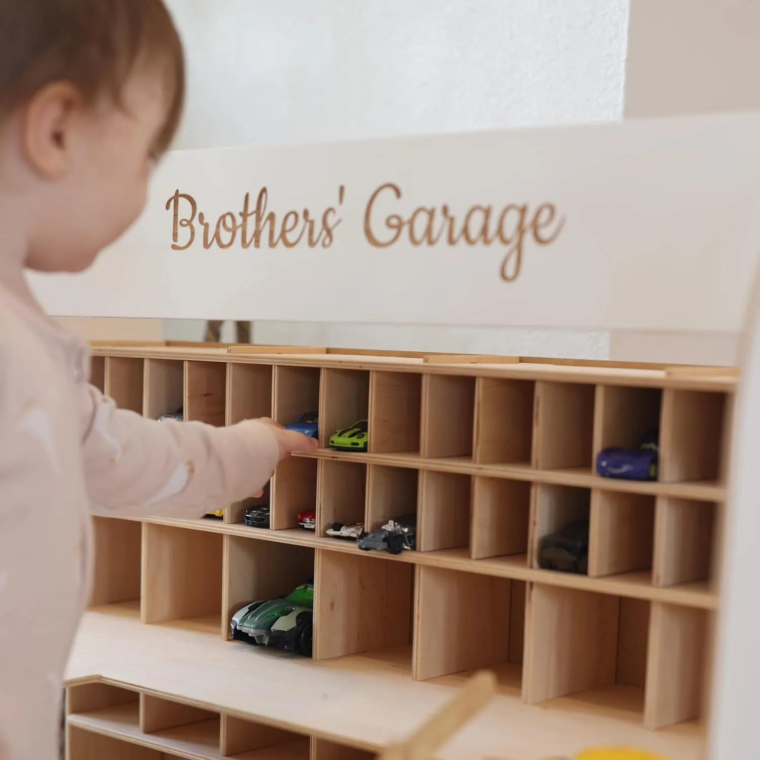 Toy Parking Garage with Elevator Wooden Toy Car Storage Hot Wheels Car Compatible Gift for Toddlers 1-4 Years Old Organizer Case Shelf for Mini Toy Cars (Big, Natural)